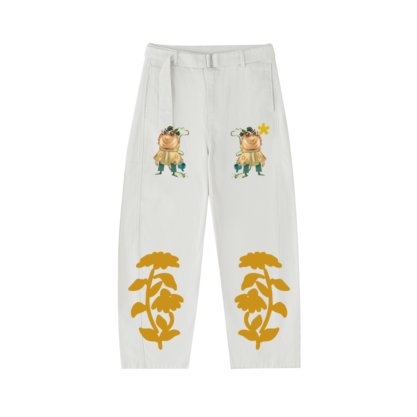 MrJorbi "Lil Plant Guy" Twisted-Seam Belted Curved-Blade Pants